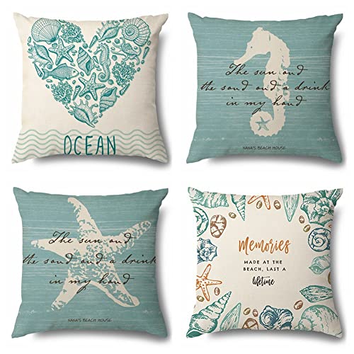 Fundas de Cojín 40x40cm Funda de Almohada Lino Caballito de mar estrella de mar Funda de Almohada Cuadrado Juego de 4 Doble Cara Funda de Cojines Decorativa para Sofá,Cama Hogar,Interior,Exterior