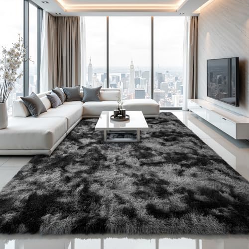 Zentavio Black and Grey Area Rugs for Living Room Large Men Room Carpet 8x10 Bedroom Fluffy Furry Shag Aesthetic Plush High Pile Floor Rug for Kids Room Dorm Home Decor Gray