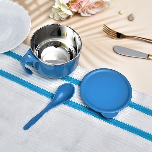 Image of 600ml Airtight-Lid Stainless Steel Soup Bowl with Spoon & Holder | Leakproof Food Container for Noodles, Pasta & Milk | Maggie Bowl & Souptok for Eating | Navy Blue