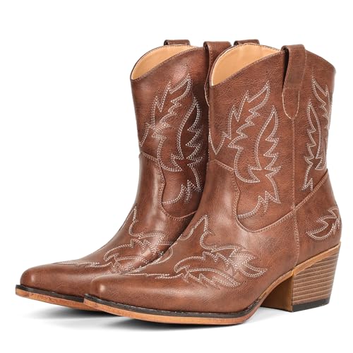 IUV Cowboy Boots for Women Ankle Cowgirl Booties Pointed Toe Western Short Chunky Classic Boot