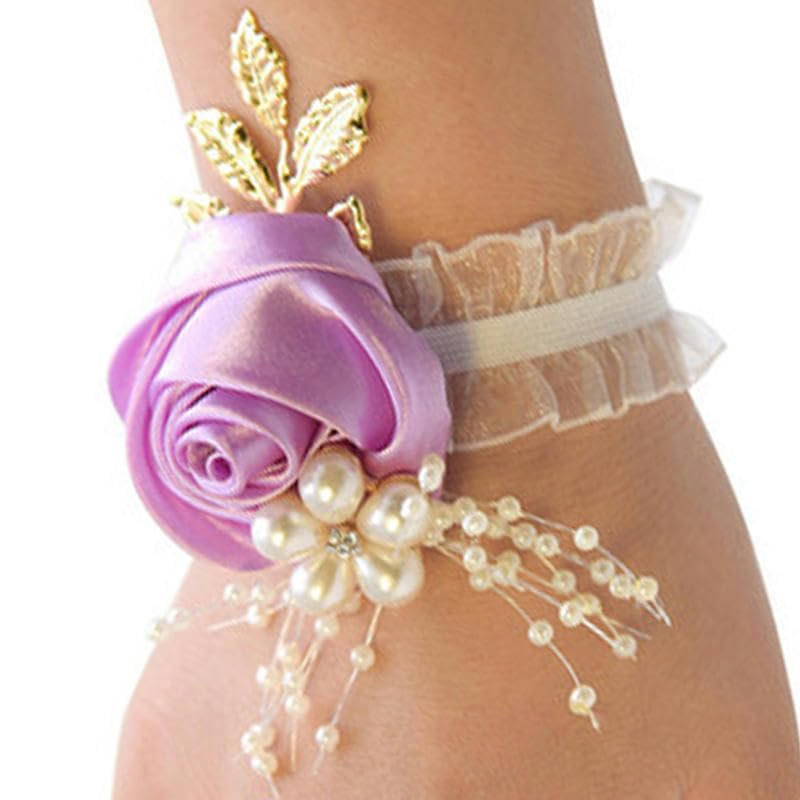 YALLNASL Bracciale A Polso Con Fiore Per Sposa E Damigelle – Corsage Floreale In Seta Bianca Con Nastro Vintage – Accessorio Matrimonio E Ballo