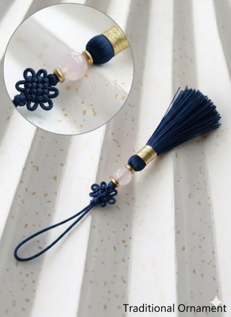 Modern Hanbok Korean Norigae Navy Knot Tassel Charm Ornament | Handmade decorative hanging accessory for bags, keychains and gift packaging; traditional cultural-inspired design piece