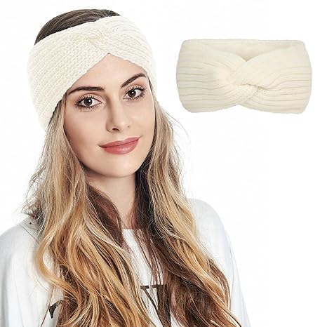 Winter Knit Crochet Turban Headband for Women Warm Bulky Crocheted Headwrap Ear Warmer Winter Accessories (White)