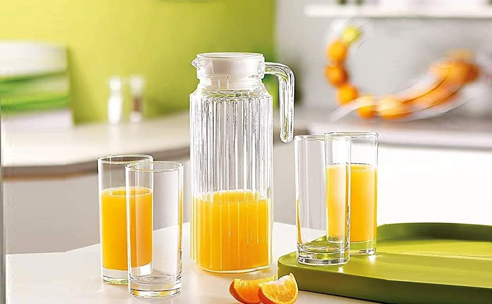 Image of Premium 1100ml Glass Water Jug with Plastic Lid & Handle Beverage Carafe for Home, Office, Etc. | Pitcher for Serve Water, Milk, Juice, Beverage, Chaas, Cocktail (Stright JUG 1.1 Liter)
