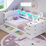 Brinlawb Single Bed Frame with Charging Station (2 AC Sockets, 2 USB Ports) and LED Lights, Single Bed with Storage, 9 Drawers & Desk, Upholstered Headboard, Reversible Left/Right Hand Assembly, White