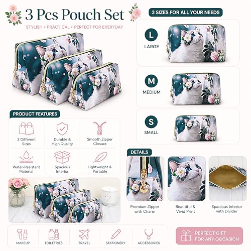 Image of NFI essentials Set of 3 Printed Cosmetic Pouch for Women, Stylish Pouches for Makeup Accessories Travel Pouch,Makeup Pouch,Vanity Case,Jewellery Pouch,Toiletry Make up Bag
