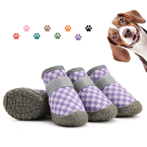 Dog Shoes Small Size Dogs, Waterproof Dog Shoes for Hot Pavement, Puppy Dog Boots & Paw Protectors, Dog Booties for Medium Dogs for Hardwood Floors Anti Slip Purple & White 4PCS Size 2 Size