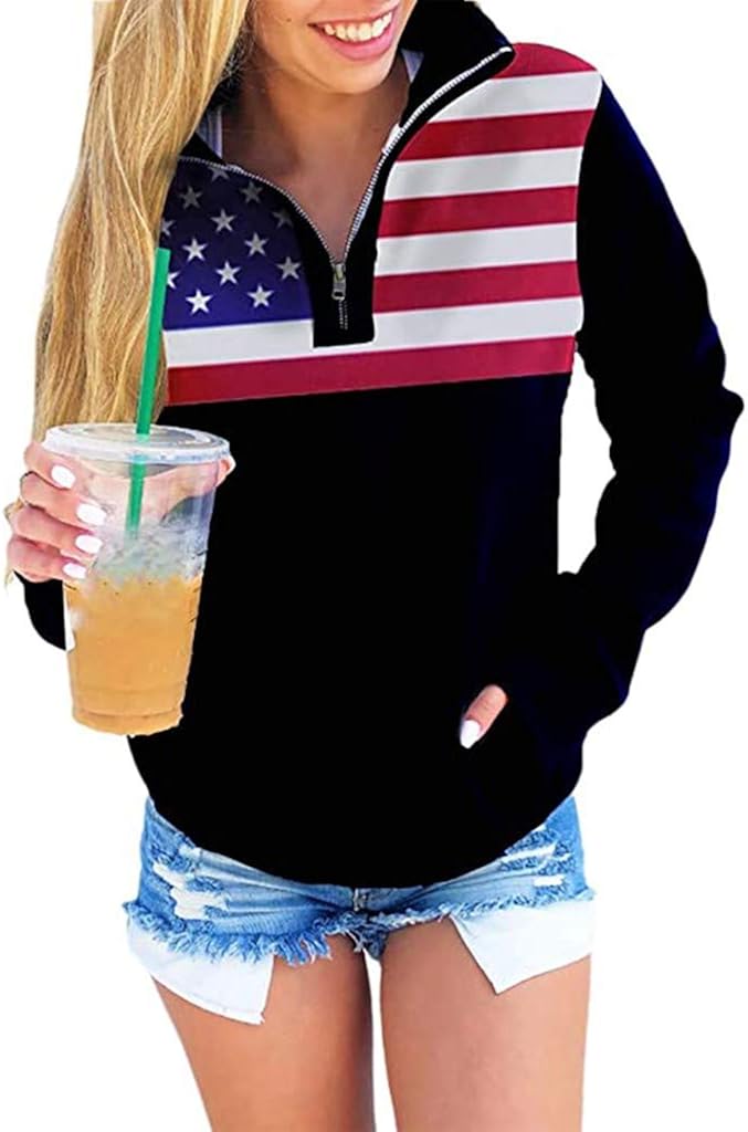 iQKA Women's USA Sweatshirt 1/4 Zipper O-Neck Pullover Tops Star Print Long Sleeve Shirt Summer Fall Blouse : Sports & Outdoors