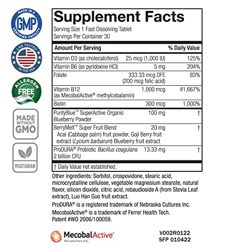 Purity Products Blueberry Probiotic B12 Energy Melt Produra Clinical Probiotic - Organic Blueberries, Methylcobalamin B-12-30 Melts #TOP1