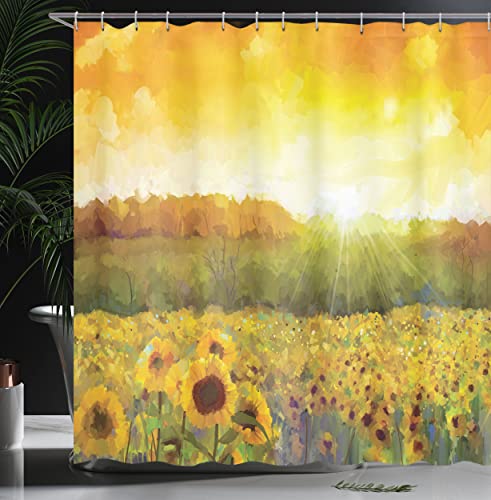 ABAKUHAUS Sunflower Shower Curtain, Landscape a Golden Yellow Field and Distant Hill Sunset Colors Agriculture - Image 3