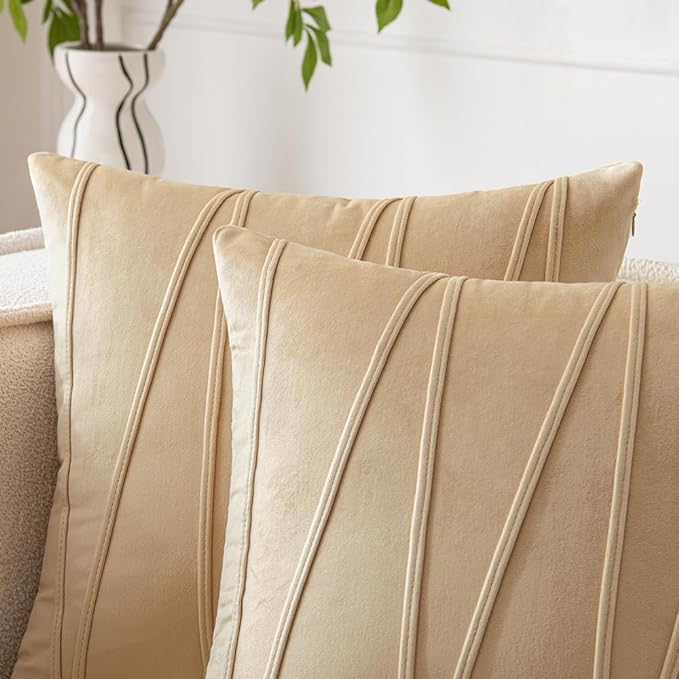 Image of Amazon Brand - Umi Decorative Striped Throw Pillow Covers 24 X 24 Inch,Soft Solid Velvet Pillow Covers Cushion Case with Zigzag Pattern for Sofa Bedroom 60 X 60 Cm (Pack of 2) Beige