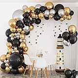 RUBFAC 137pcs Black Gold and Silver Balloon Garland Arch Kit, Metallic Gold Chrome Silver Balloons...