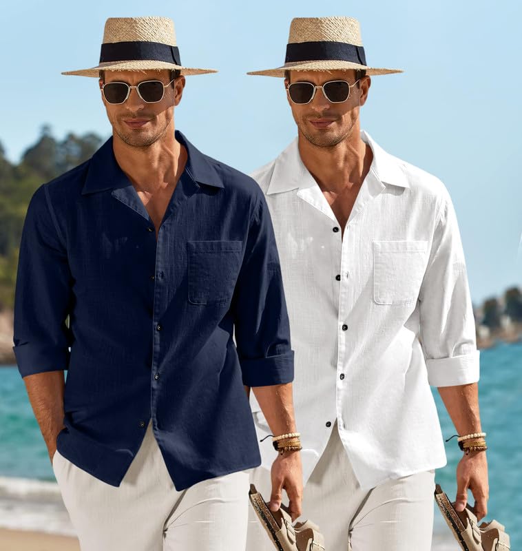 Image of Combo of Men's Casual Cotton Blend Shirt || Long Sleeve Button Down with Spread Collar | Lightweight Breathable Fabric | Stylish Solid Shirt for Beach, Office & Everyday Wear Pack of 2