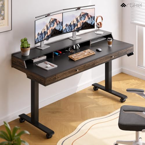 Image of ARTIKEL Valor Pro Electric Height Adjustable Standing Desk with Storage Drawers & Shelves| Sit-Stand Desk for Home Office |Ergonomic Workspace Table (Rustic Brown)