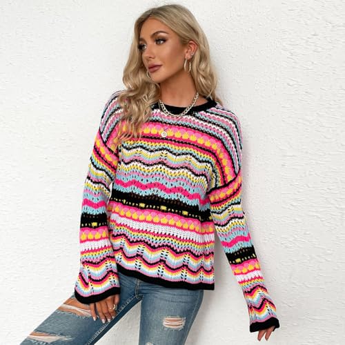 Image of Womens Colorful Striped Crochet Sweater Y2k Fall Pullover Long Flared Sleeve Crew Neck, Drop Shoulders Top Hollow Out
