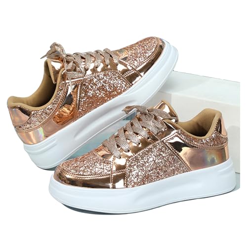 Platform Sneakers for Women, Bling Sequin Women's Fashion Sneakers Glitter Shoes Lace Up Sparkly Sneakers Shiny Casual Shoes for Women, Mens Glitter Sneakers Boys Tennis Shoes(Size:4,Color:Rose Gold)