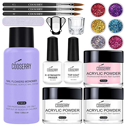 Cooserry Acrylic Powder And Liquid Set - 18 In 1 Acrylic Nail Kit Set With Monomer Acrylic Nail Liquid|Top Coat|6 Colors Glitter|3 Acrylic Nail Brush For Professional Beginners Acrylic Nail Extension