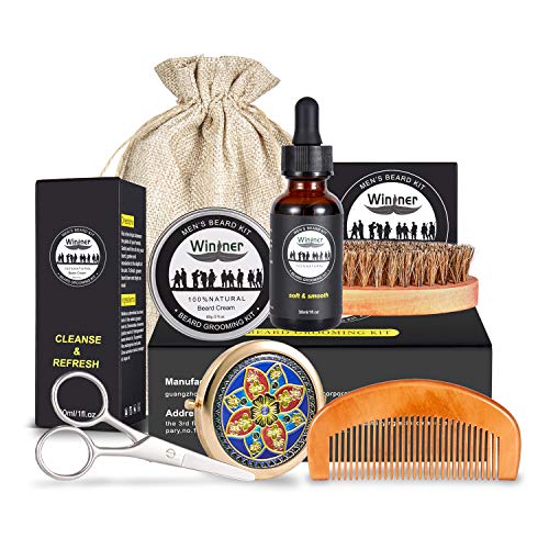 Beard Grooming Kit for Men Care, Beard Brush, Beard Comb, Mustache and Beard Balm Butter Wax, Barber Scissors, Magic Makeup Mirror for Styling, Shaping and Growth Premium Gift Set