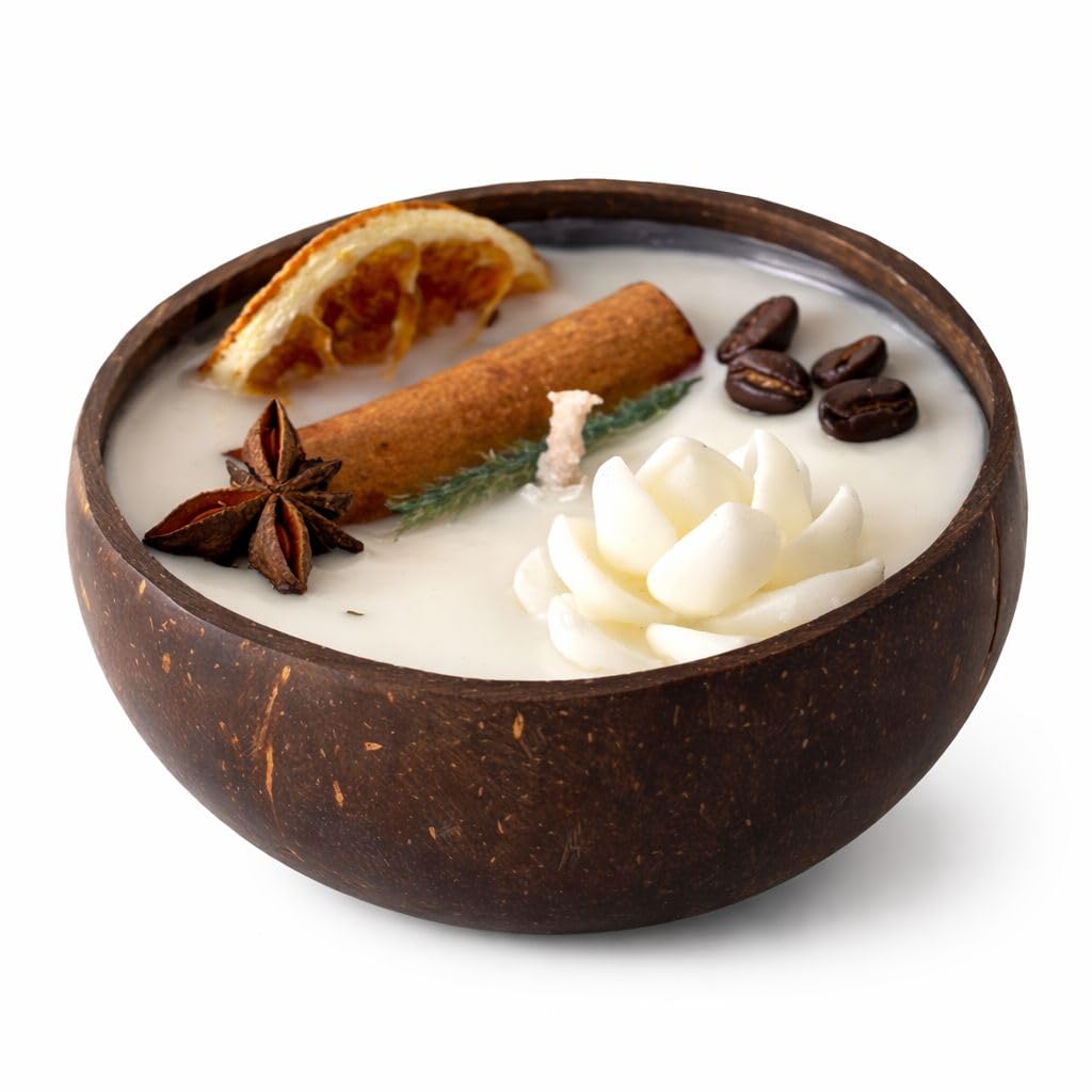 Esthara Vanilla Spice Bloom Coconut Shell Candle, Handcrafted Natural Soy Wax, Earthy Home Décor with Dried Botanicals, Cinnamon, Coffee Beans-image-6