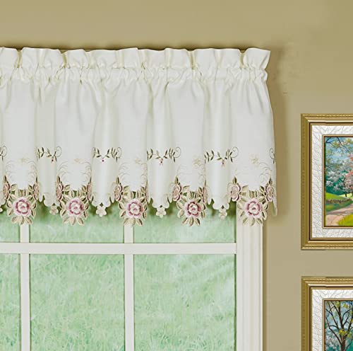 Today's Curtain Verona Reverse Embroidery Valance, 14", Ecru/Rose, 60" W
