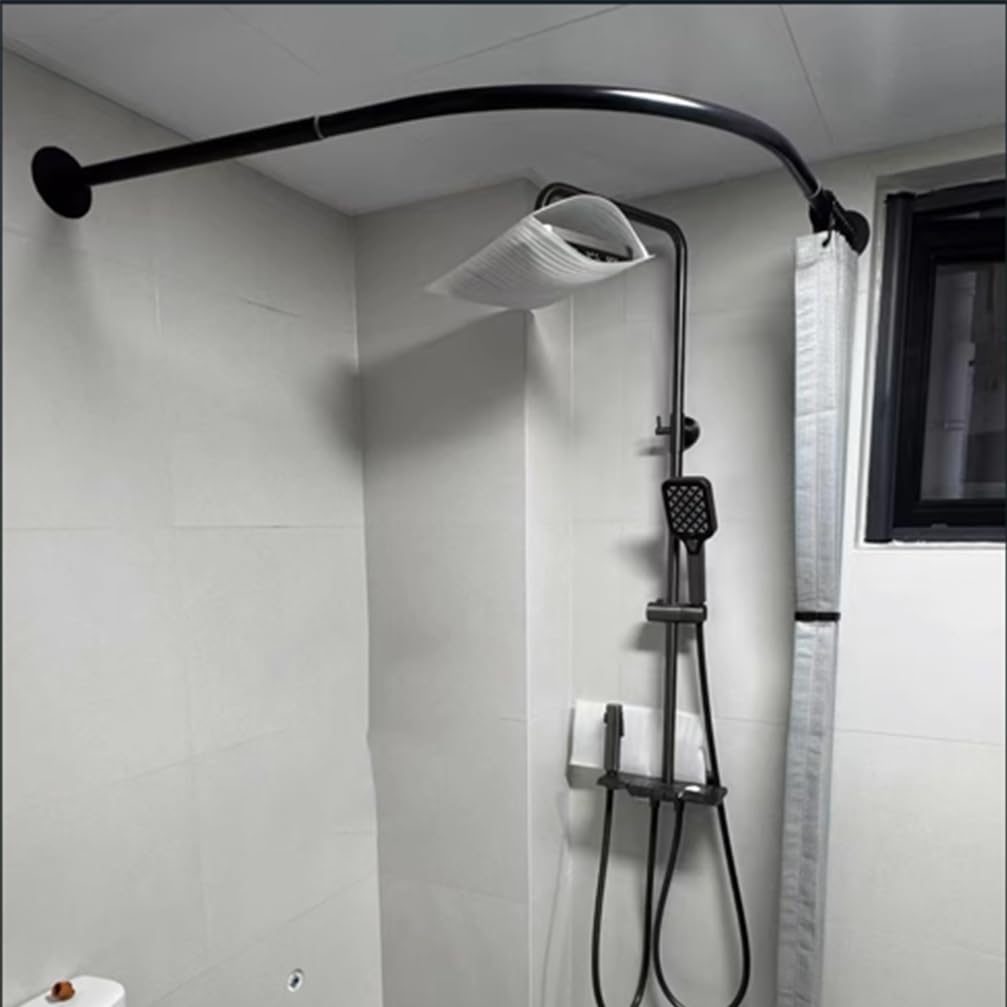 Rod de Rideau de Douche en Forme de L Barre Douche Courbe Réglable en Inoxydable Tige de Douche Extensible Extra Longue pour Salle de Bain(Size:H 50-70cm x 120-165cm,Color:Noir)