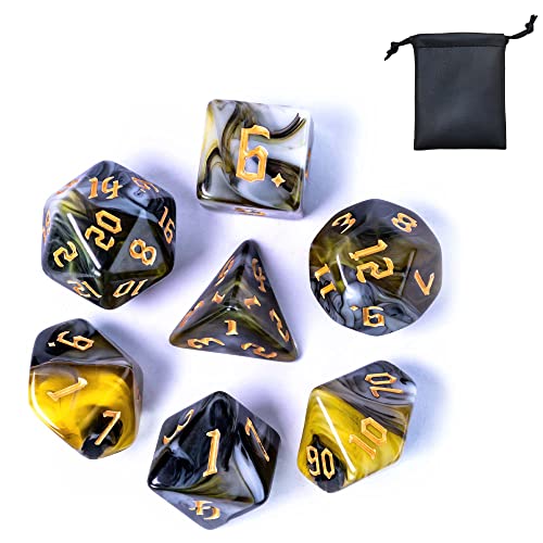 Image of 7-Die Polyhedral DND Dice Set for Tabletop Game, D&D Dice Set for Role Playing Games (Black&Yellow&White)
