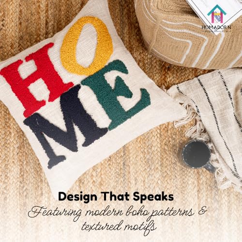 Image of HOMADORN 100% Cotton Hand Tufted Cushion Cover | Text Pattern Decorative Pillow Case | Boho Sofa Cushion Cover for Living Room | Soft & Durable | (16x16 Inches) (1, Home Multicolor)