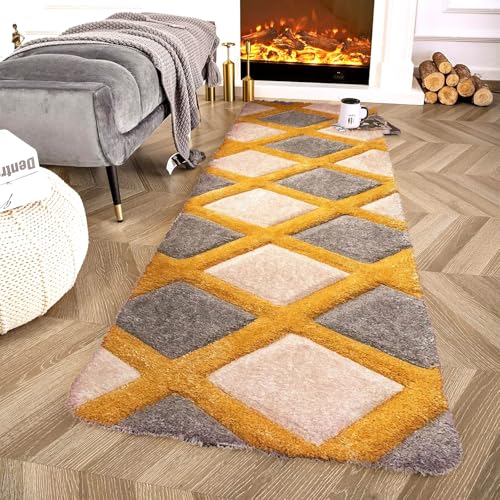 Image of 2x8 feet Soft Runner Rug for Living Room and Bedroom, Modern Indoor Floor Carpet with Non-Slip Backing, Comfortable Decorative Home Decor Rug, Easy Clean & Durable- (Yellow line, Rectangular)