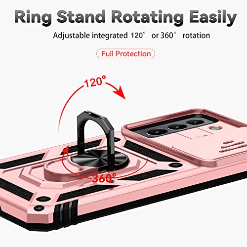 Samsung Galaxy S22 Case With Screen Protector Tempered Glass[Not For S22+],Heavy Duty Shockproof Full Body Phone Cover Built In Slide Camera Lens Cover + Finger Ring Stable Kickstand,2022 Rose Gold #TOP3
