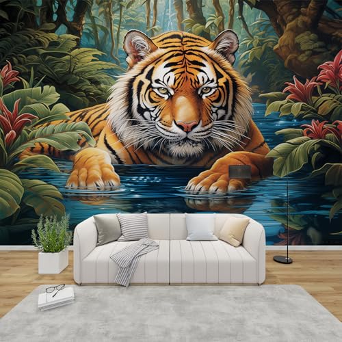 AevuCub Tiger Wallpaper for Living Room - Jungle Wall Murals for Bedrooms, Wild Animal Wall Art, Non-Woven Photo Wallpaper 3D Effect, 200x140 cm