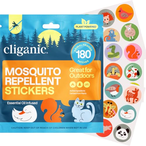Image of Cliganic Mosquito Repellent Stickers for Kids & Adults (180 Pack) - Animal Patches, Natural DEET-Free, Essential Oil Infused, Insect Repelling Garments