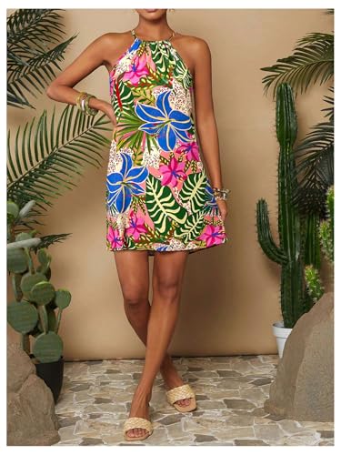 Image of SweatyRocks Women's Tropical Print Halter Dresses Sleeveless Holiday Summer Mini Dress
