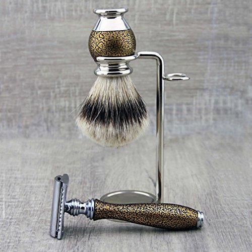 Set di 3 pezzi Premium da uomo con pennello da barba e superficie da rasatura + doppio supporto per due pezzi Set perfetto per l'uso quotidiano -Look vintage