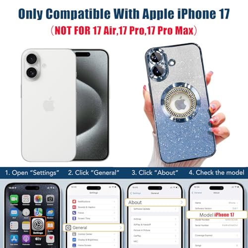 Image of Misscase for iPhone 17 Magnetic Glitter Case Compatible with MagSafe,Full Protection Slim Shockproof Anti-Scratch Case with Camera Lens Protector Plating Bling Dust-Proof Net for Women Blue
