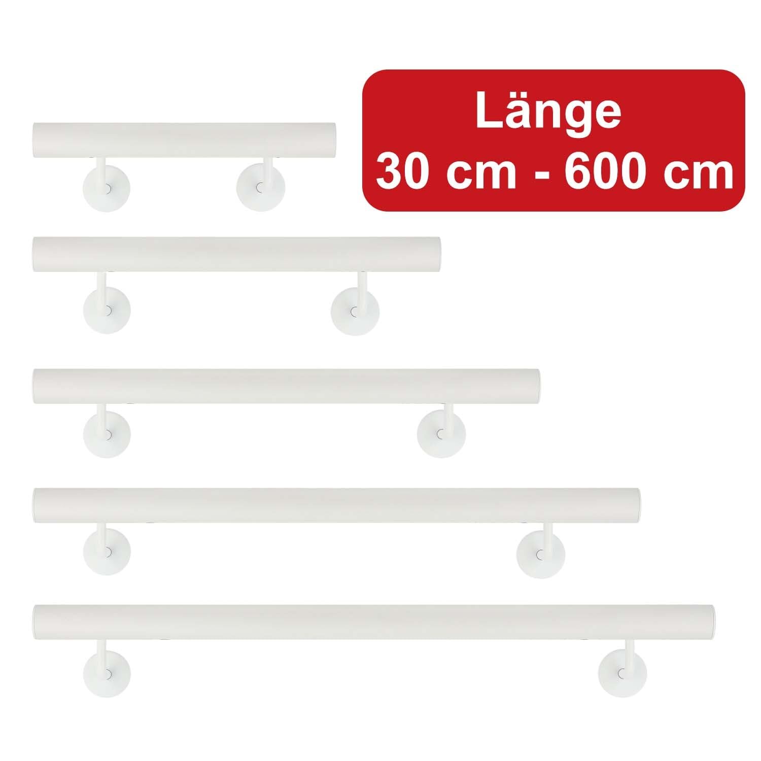 TIBU Handlauf Aluminium Weiß Geländer 30-600cm Wandhandlauf Treppe gewinkelte Edelstahlhalter, Länge 240 cm mit 3 Halter und gerade Kappe