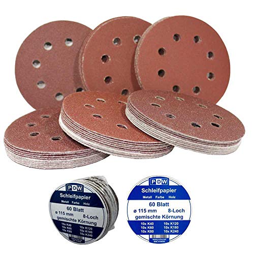 60 bl. P de D de W®  Lija Ø115 mm excéntrica  Multi  Lija (8 agujeros 6 tipos de grano K40 ? K60 ? K80 ? K120 ? K180 ? K240 por 10