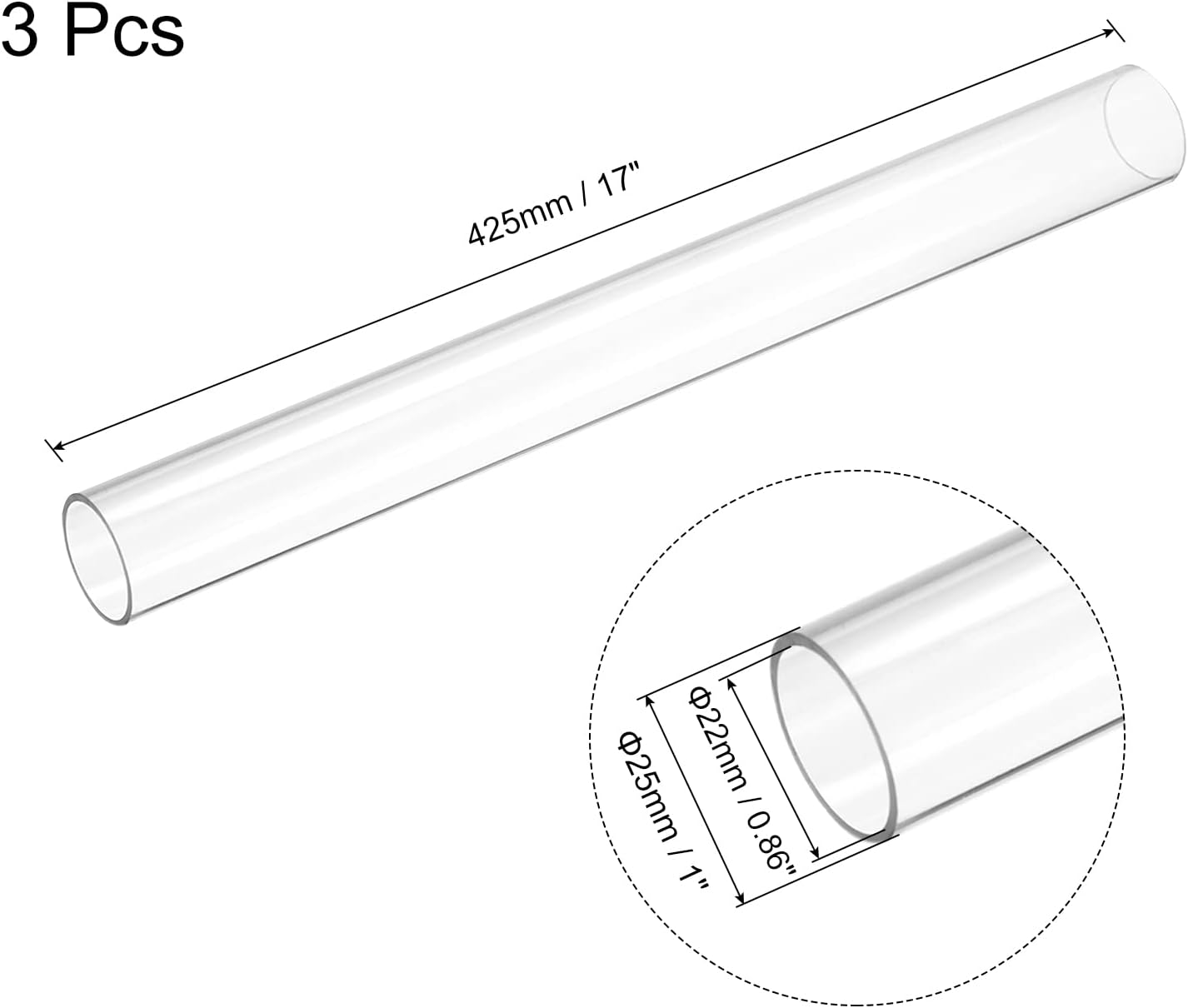 MECCANIXITY Plastic Pipe Rigid Polycarbonate Round Tube Clear 0.86"(22mm) ID 1"(25mm) OD 17" (425mm) High Impact for Lighting, Models, Water Plumbing, Pack of 3