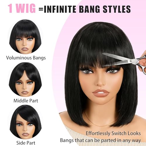 Image of Farblick Bob Wig Human Hair With Bangs Wear and Go Glueless10 Inch Straight Cut 180% Density Natural Black Human Hair For Women Daily Wear Wig