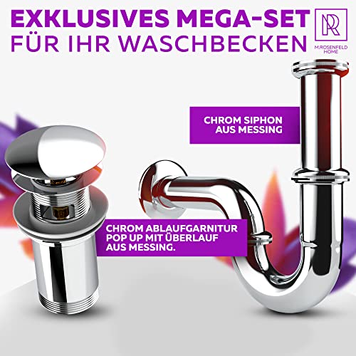 M. ROSENFELD HOME Ablaufgarnitur Waschbecken POP UP mit Überlauf + Universal Röhrensiphon für Waschbecken, Waschtisch Geruchsverschluss aus Messing