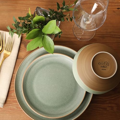 Image of Gibson Elite Octavia Place 16 Piece Stoneware Dinnerware Set, Service for 4, Coupe Modern Plates & Bowls, Reactive Glaze Finish, Green, Microwave & Dishwasher Safe