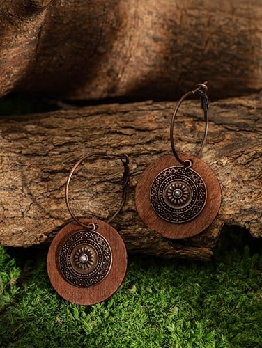 MINACHI Vintage Boho Multilayered Antique Metal Flower Charm Wooden Disc Dangle Drop Earrings, Bohemian Statement Jewelry Gift for Women4
