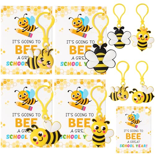 Haooryx Back to School Gift Card with Bee Keychains - 28 Pack Back to School Student Keychain with Greeting Cards Cute Bee Key Ring for Kids First Day of School Gift Class Reward Party Favor Supplies