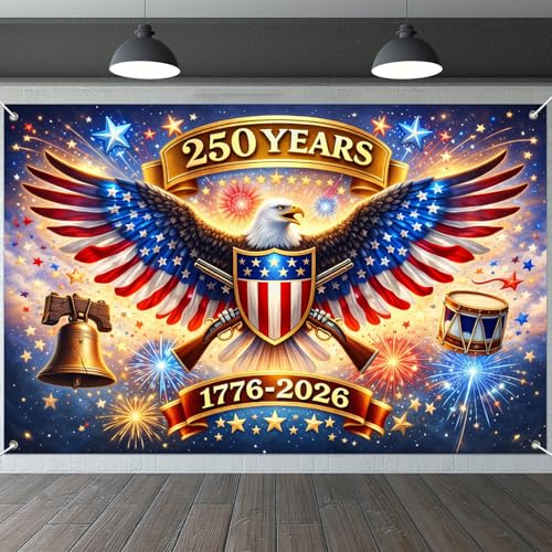 Image of IVN 250th Anniversary Banner 71 x 43 Inch 1776-2026 Patriotic Bald Eagle Stars Stripes Fireworks Photo Booth Backdrop Independence Day Party Decorations Memorial Day Veterans Day Wall Decor