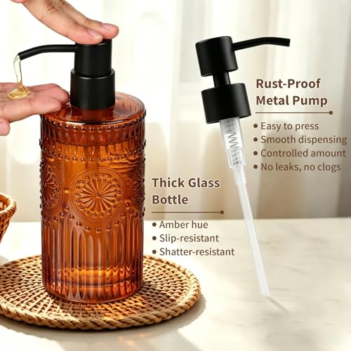 Image of Vintage Glass Soap Dispenser, 16 fl oz Refillable Liquid Hand Soap Bottle with Pump, Sunflower Embossed Dish Soap Dispenser for Bathroom, Kitchen, Shower (Amber)