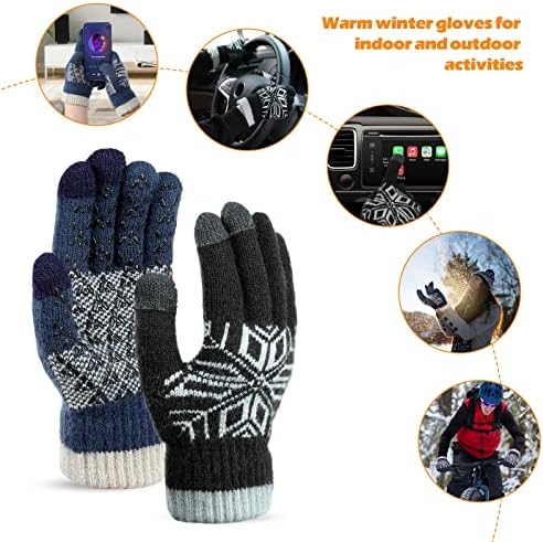 KUYOU 2 Pairs Winter Gloves Men Women, Wool Knitted Thermal Warm Gloves Anti-Slip Touch Screen Gloves for Cycling Running Climbing Hiking Outdoor Work Sports, Black and Blue