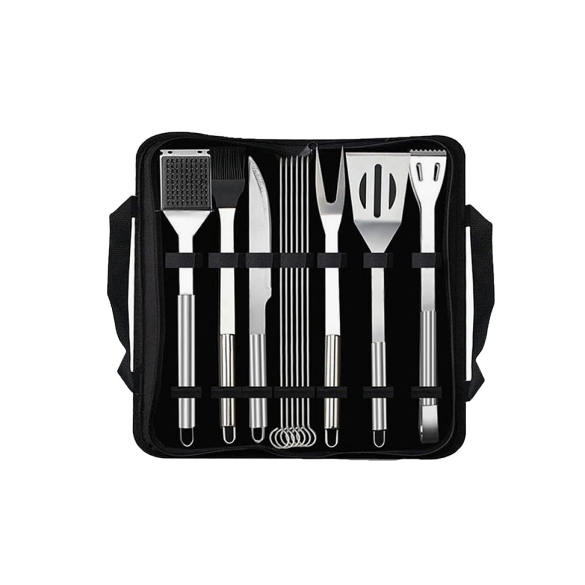 jojofuny Pala de Acero Inoxidable Cuchillo y Brocheta Cepillo Tenedor Pinzas 12 Piezas Utensilios de Barbacoa Kit de Herramientas para Barbacoa con Bolsa Negra para Camping y Exterior