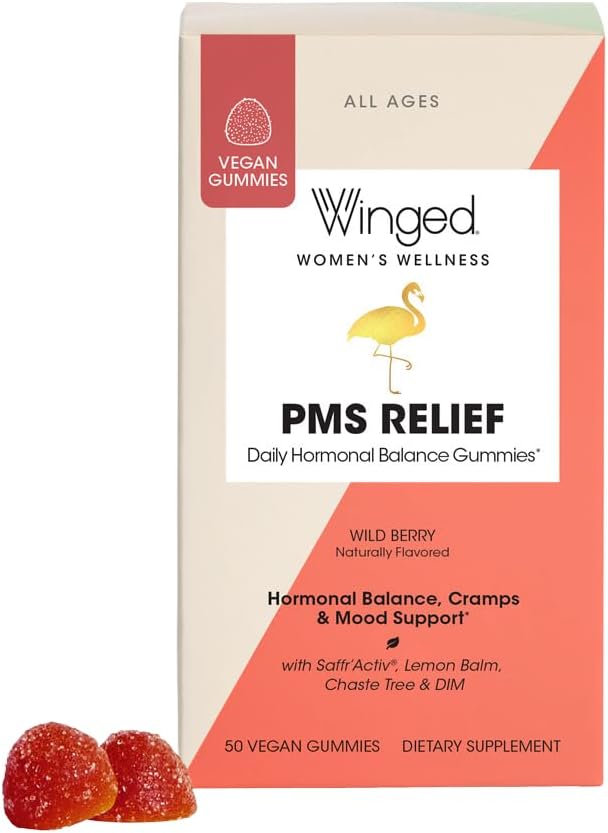 Winged Wellness PMS Relief Vitamins - Daily Hormonal and Balance and PMS Symptom Relief - Vegan Dietary Supplement Gummies for Women - 25 Servings, 50 Count