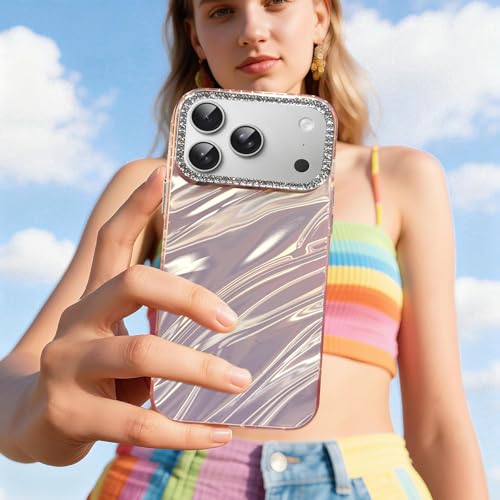 Image of Elzzi Compatible with iPhone 17 Pro Max Case | Marble Glossy Hard PC Back Cover with Diamond Camera Protector | Ultra Stylish Shockproof Back Cover Case for Girls Women-Pink