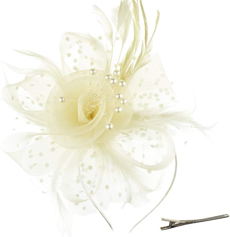 DRESHOW Fascinators Hat Flower Mesh Ribbons Feathers on a Headband and a Forked Clip Cocktail Tea Party Headwear for Girls and Women