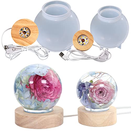 Voaesdk 4PCS Large Sphere Light Resin Molds 3D Seamless LED Sphere Silicone Moulds for Resin with Wooden Lighted Base Round Ball Epoxy Resina Mold for Resin Art DIY Craft Home Decor